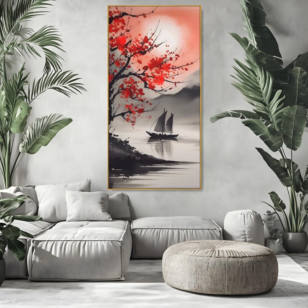 Tablou canvas cu tablou canvas cu barca si copac rosu, in rama de aluminiu auriu, pe perete intr-un living